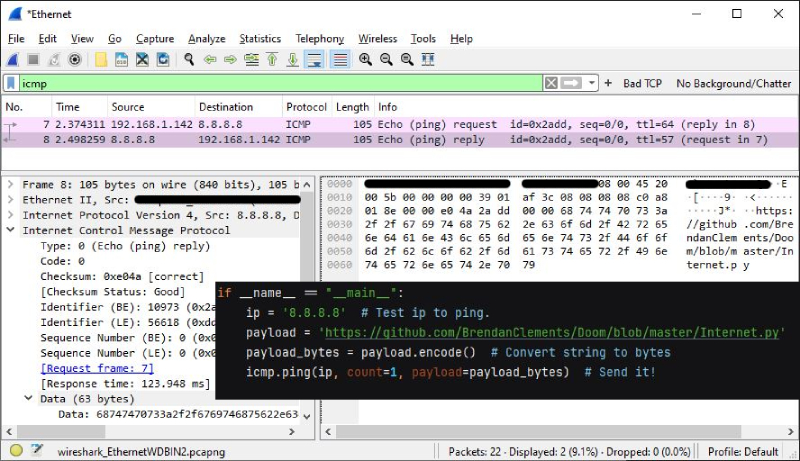 Screenshot of Wireshark displaying ICMP ping packet with Python code overlaid.